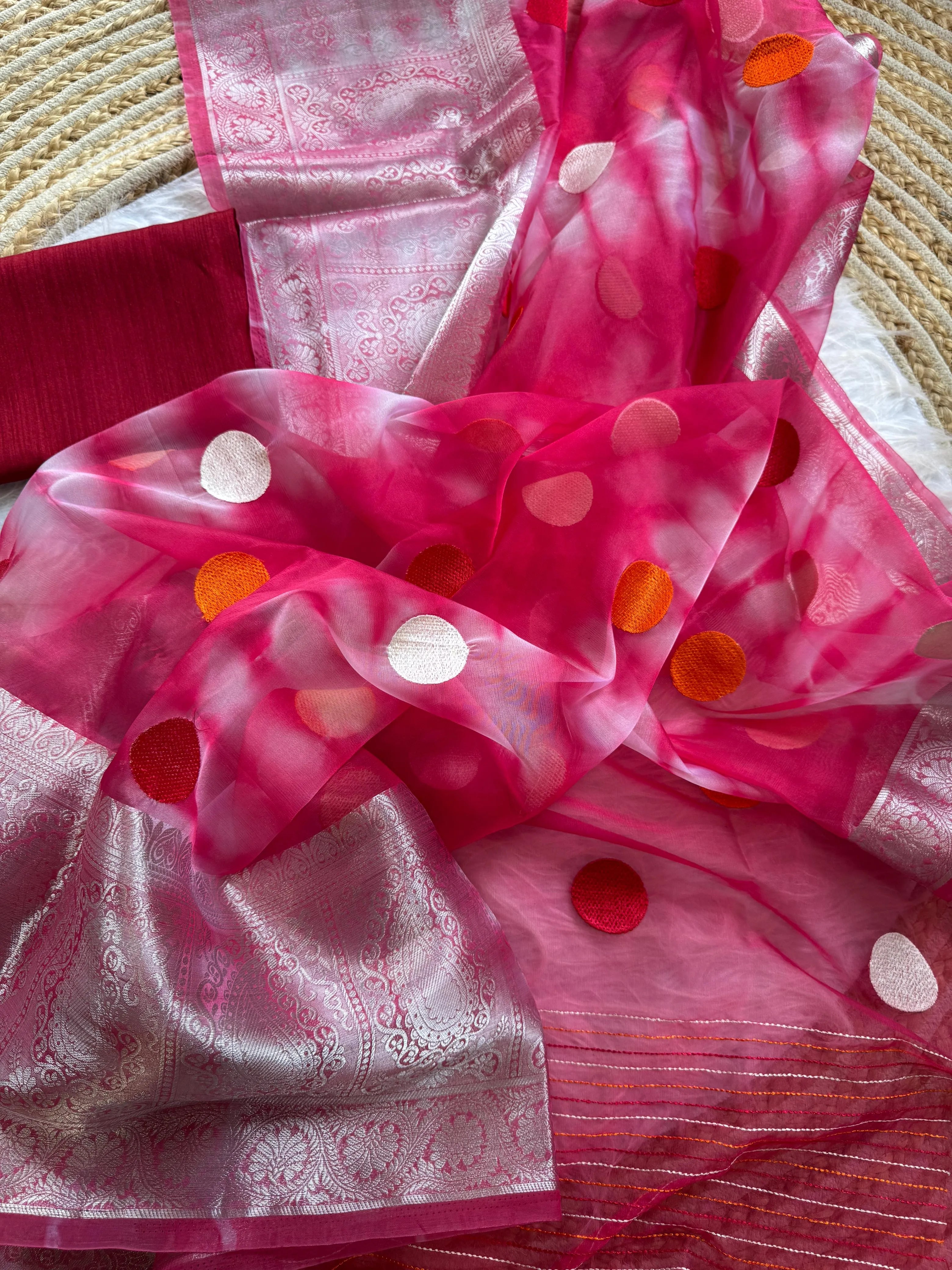 Organza Saree with Silver Zari Borders & Polka Embroidery | Lightweight Festive Saree